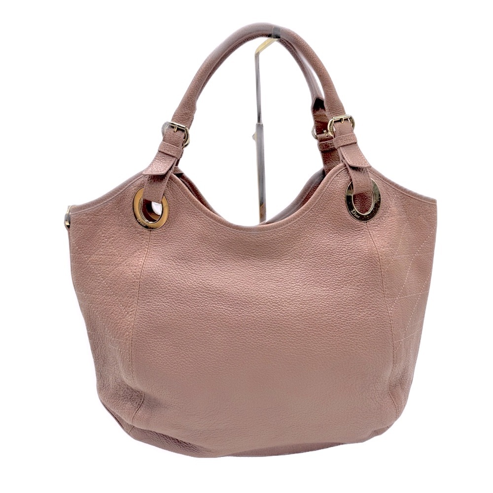 Auth Christian Dior Cannage Quilted Metallic Mauve Pink Leather Bee Hobo Tote - Picture 3 of 15
